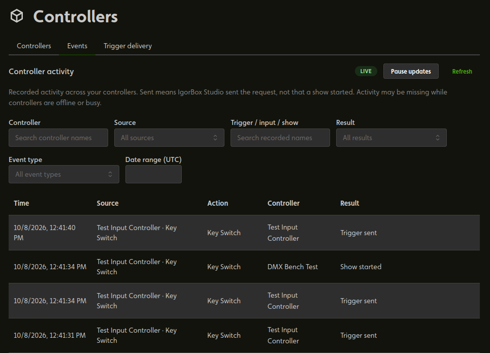 Controller activity and results in Events