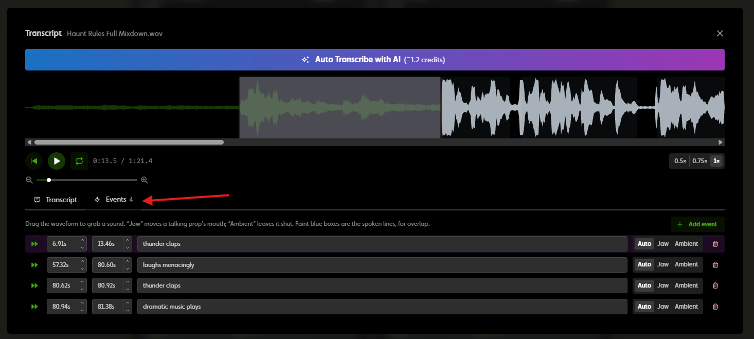 Events Transcribe Button